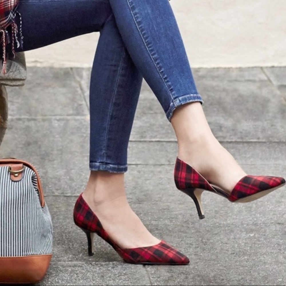 Anthropologie Sole Society Jenn Plaid D’Orsay Pumps Mid Heels Red & Black